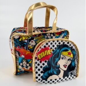 LONDON SOHO NEW YORK Wonder Woman Comic Print Makeup Bag Set Gold Trim 2 Piece